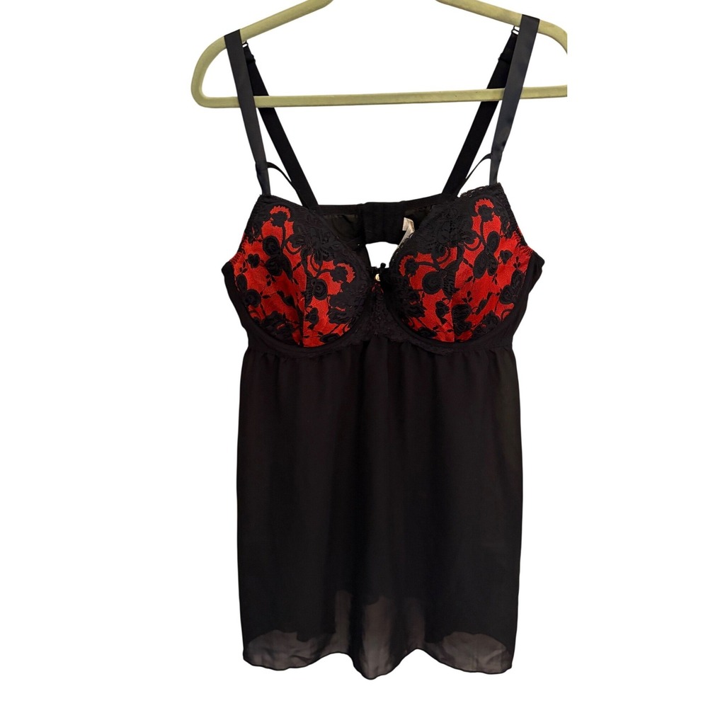 Cacique Red Floral Lace Sheer Black Babydoll Chemise Lingerie 42DD